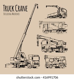 Truck Cranes set. Hand drawn sketch illustration