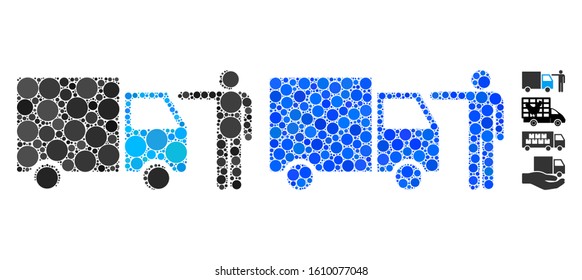 Truck customer composition of round dots in various sizes and shades, based on truck customer icon. Vector round dots are grouped into blue composition.