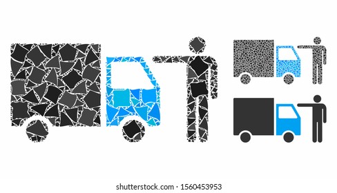 Truck customer mosaic of unequal pieces in different sizes and color hues, based on truck customer icon. Vector trembly pieces are composed into collage.