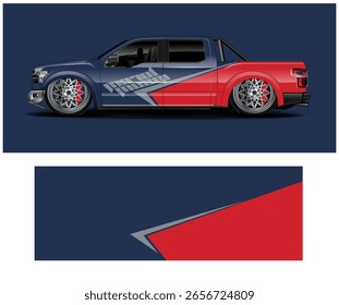 A truck is customized with a vibrant blue and red graphic design, showcased with a matching graphic element below.