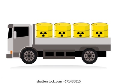 truck with  dangerous radioactive load in yellow barrels