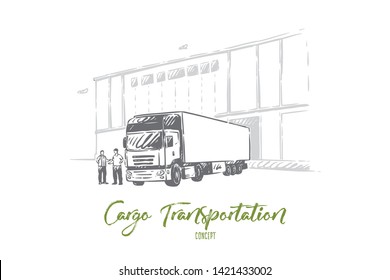 Truck delivering cargo, unloading goods into warehouse,logistics and distribution, wholesale supplier . Delivery and shipping service concept sketch. Hand drawn vector illustration