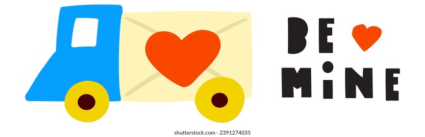 Truck delivering Valentine's card. Design for 14 February. Hand drawn vector illustration on white background. 