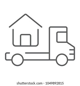 Truck delivers the house thin line icon, real estate and home, home delivery vector graphics, a linear pattern on a white background, eps 10.