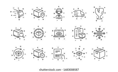 Truck Delivery, Checklist and Parcel tracking. Logistics and Shipping line icons. Cargo linear icon set. Geometric elements. Quality signs set. Vector
