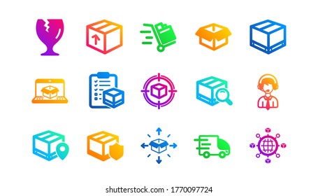 Entrega de camiones, lista de verificación y seguimiento de paquetes. Iconos de logística y envío. Juego de iconos clásicos de carga. Patrones de degradado. Señales de calidad. Vector