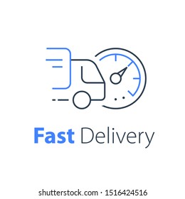 Truck delivery concept, distribution services, logistics solution, transportation company, fast order shipping, express sending, vector thin line icon