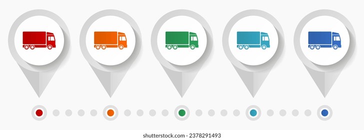Truck, delivery concept vector icons, editable infographic template, set of colorful flat design pointers