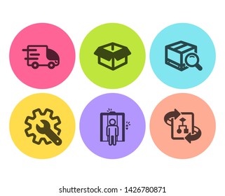 Truck delivery, Customisation and Opened box icons simple set. Search package, Elevator and Technical algorithm signs. Express service, Settings. Industrial set. Flat truck delivery icon. Vector