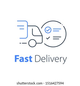 Truck delivery, distribution service, check list, order shipping, receive shop purchase, transportation company, relocation concept, vector thin line icon