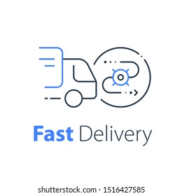 Truck delivery, distribution service, logistics solution, transportation company, tracking parcel, vector thin line icon