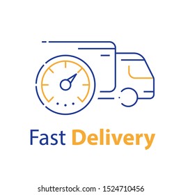 Truck delivery, distribution services, logistics solution, transportation company, fast order shipping, express sending, vector thin line icon