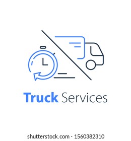 Truck delivery, distribution services, logistics solution, transportation company, fast order shipping, express sending, vector thin line icon