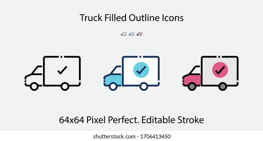 Truck Delivery Filled Outline Icons. Colorful Linear Set Vector Line Icon.  64x64 Pixel Perfect. Editable Stroke