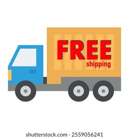 Truck delivery free shipping service symbol on white background.Packages parcel shipment cargo vector.Car truck blue,yellow and red free shipping flat style.design advertisement,template,logistic,sign