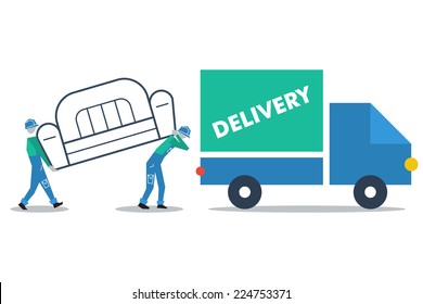 Truck Delivery Furniture, Transportation Concept, Workers Loading