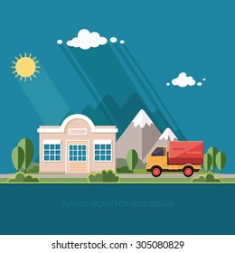 Truck delivery of goods. roadside shop on a background of mountains. Flat style vector illustration.
