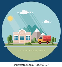 Truck delivery of goods. roadside shop on a background of mountains. Flat style vector illustration.