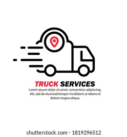 LKW-Liefersymbol. Express-Umzug, Transportservice. Ortszeichen. Vektorgrafik einzeln auf weißem Hintergrund. EPS10