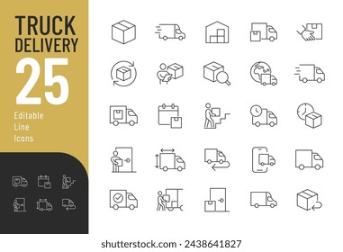 Truck Delivery Line Editable Icons set. Vector illustration in modern thin line style of vehicle related icons: logistics, delivery tracking, floor lifting, and more. Pictograms and infographics.