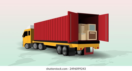 Truck delivery. Logistics and delivery service. Global logistic, Online order. Truck, warehouse and parcel box. Concept  for website or banner. 3D Perspective Vector illustration