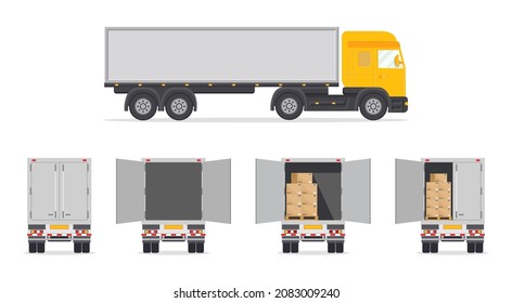 Truck for delivery. Lorry with back and side view. Open or closed back door. Box inside van for commercial order. Mockup of truck with parcel for service of delivery. Fast move of cargo. Vector.