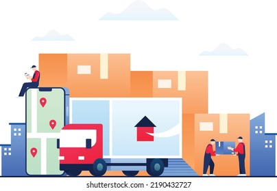 Truck delivery for moving services to the new house or office.Delivery worker carrying the cardboard and home stuff. Vector Illustration for web design.