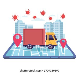 truck delivery online service with covid19 particles vector illustration design