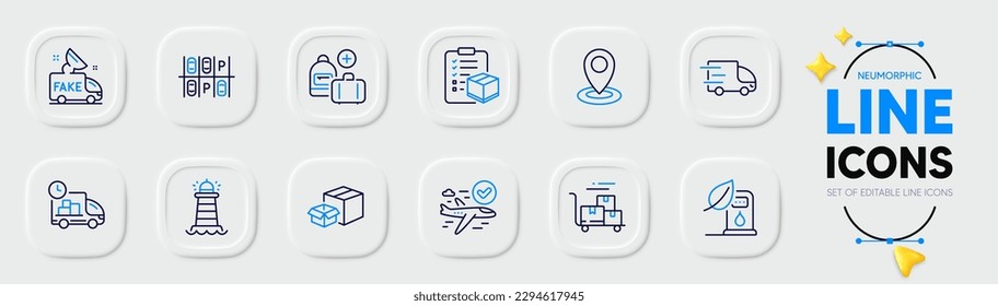 Truck delivery, Packing boxes and Delivery cart line icons for web app. Pack of Location, Petrol station, Parking place pictogram icons. Add handbag, Confirmed flight, Parcel checklist signs. Vector