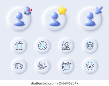 Truck delivery, Rent car and Package protection line icons. Placeholder with 3d cursor, bell, star. Pack of Baggage, Passenger, Packing boxes icon. Delivery man, Flight mode pictogram. Vector