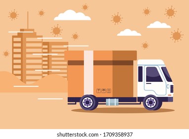 Truck Delivery Service With Covid19 Particles Vector Illustration Design