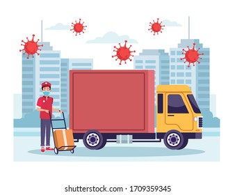 truck delivery service with covid19 particles vector illustration design