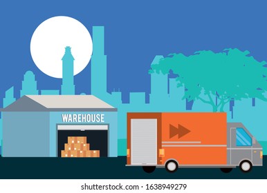 truck delivery service on the city scene vector illustration design