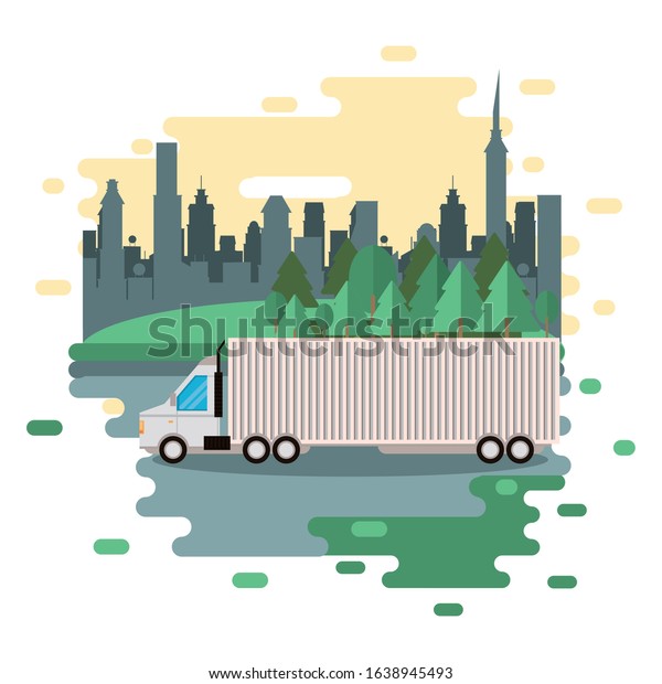 truck delivery service on the city scene vector\
illustration design