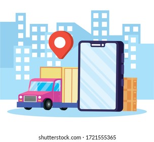 truck delivery service with smartphone on the city vector illustration design