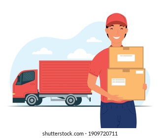 truck and delivery service worker lifting boxes carton vector illustration design