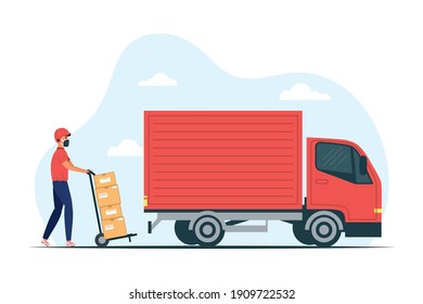 truck and delivery service worker wearing medical mask with boxes in cart vector illustration design