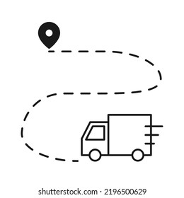 Servicios de entrega de camiones, reubicación rápida, elementos del logotipo de la empresa de transporte, pedido de envío, icono de línea de distribución, camión de alquiler, contorno de paquetería de seguimiento vector