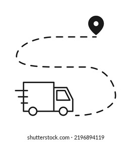 Truck delivery services, fast relocation, transportation company logo elements, shipping order, distribution line icon, rental truck, tracking parcel outline vector