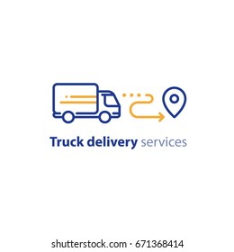 Lkw-Zustelldienste, schnelle Verlagerung, Logo-Elemente des Transportunternehmens, Versandauftrag, Verteilungszeilensymbol, Mietwagen, Umriss-Umriss-Vektorgrafik