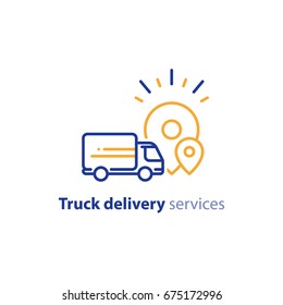 Truck Delivery Services, Fast Relocation, Transportation Company Logo Elements, Shipping Order, Distribution Line Icon, Tracking Parcel Outline Vector