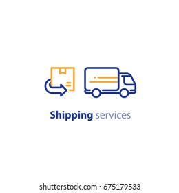 Truck Delivery Services, Fast Relocation, Transportation Company Logo Elements, Shipping Order, Distribution Line Icon, Return Parcel Outline Vector