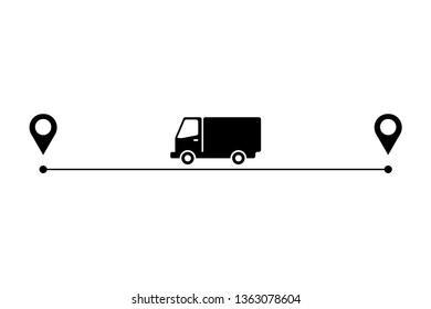 Truck delivery signs. Truck between pointers on way isolated shipping. EPS 10