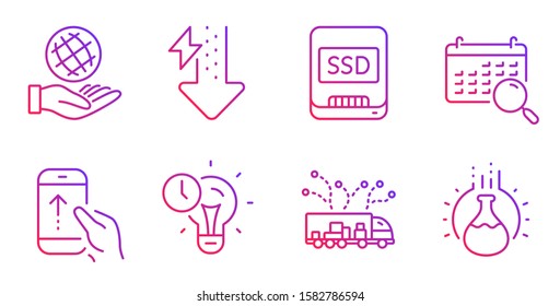 Truck delivery, Swipe up and Safe planet line icons set. Time management, Energy drops and Ssd signs. Search calendar, Chemistry experiment symbols. Logistics, Scrolling screen. Vector