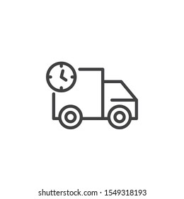 Truck delivery time line icon. Van with clock linear style sign for mobile concept and web design. Express delivery outline vector icon. Symbol, logo illustration. Vector graphics