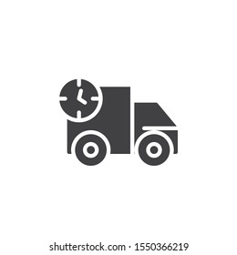 Truck delivery time vector icon. Van with clock filled flat sign for mobile concept and web design. Express delivery glyph icon. Symbol, logo illustration. Vector graphics