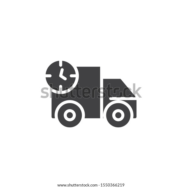 Truck delivery time\
vector icon. Van with clock filled flat sign for mobile concept and\
web design. Express delivery glyph icon. Symbol, logo illustration.\
Vector graphics