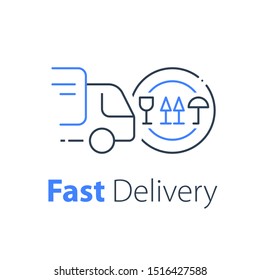 Truck delivery, transportation company, distribution service, logistics solution, load shipping, order shipment, send parcel, express relocation, vector line icon