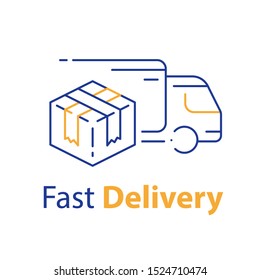 Truck delivery, transportation company, distribution service, logistics solution, load shipping, order shipment, send parcel, express relocation, vector line icon svg