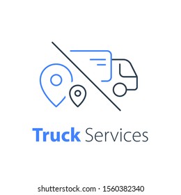 Truck delivery, transportation company, distribution service, logistics solution, load shipping, order shipment, send parcel, express relocation, vector thin line icon